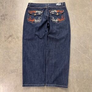 Knockout Jeans Mens 42x32 Baggy Wide Leg Embroidered Dark Wash Denim Y2K Indigo